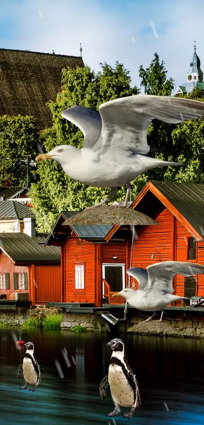 Seagulls over vibrant red cabins with swimming penguins below.