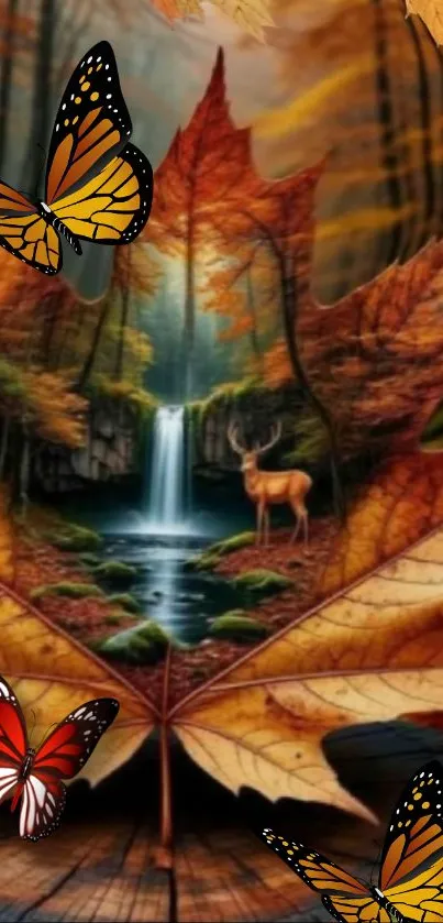 Autumn forest with butterflies, waterfall, deer on leaves.