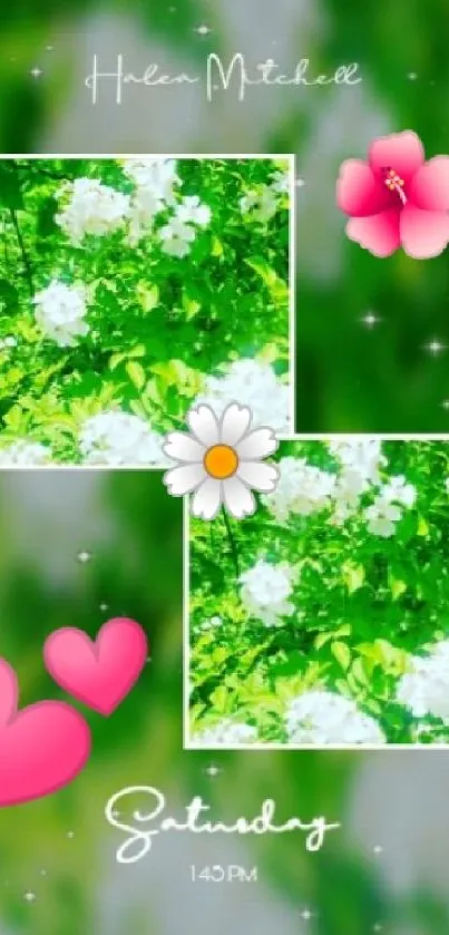 Green nature wallpaper with flowers and hearts.