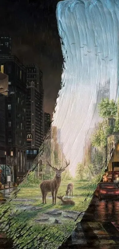 Artwork of nature breaking through cityscape with deer and greenery.