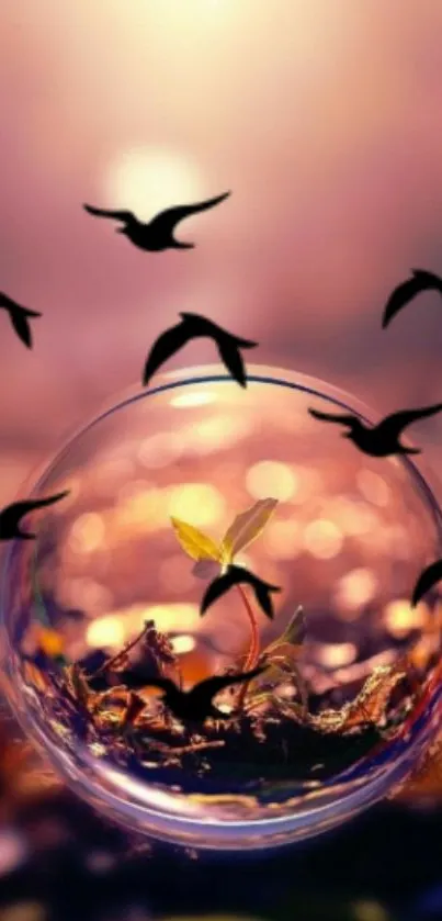 A plant inside a bubble with birds on a purple background.