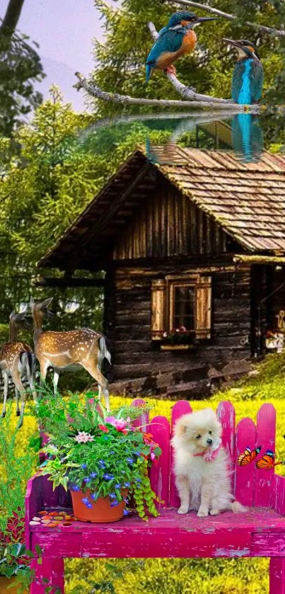 Rustic cabin and puppy with wildlife in vibrant forest setting wallpaper.