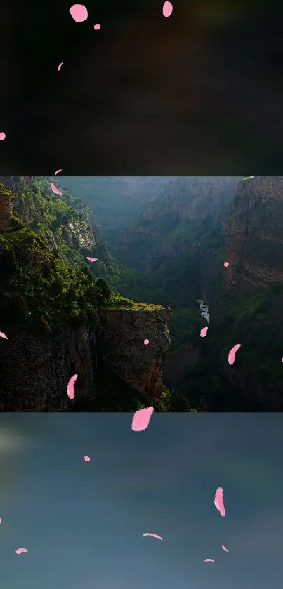 Beautiful canyon with pink petals fluttering in a serene natural setting.