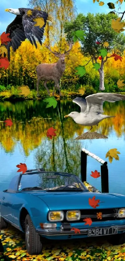 Vintage car with nature and wildlife in a serene autumn scene.