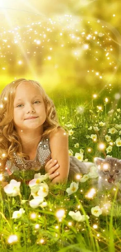 Child with kitten in a sparkling green field under golden sunlight.