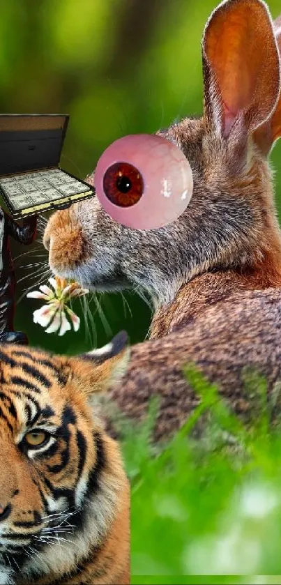 Creative animal collage with rabbit and tiger on green grass.