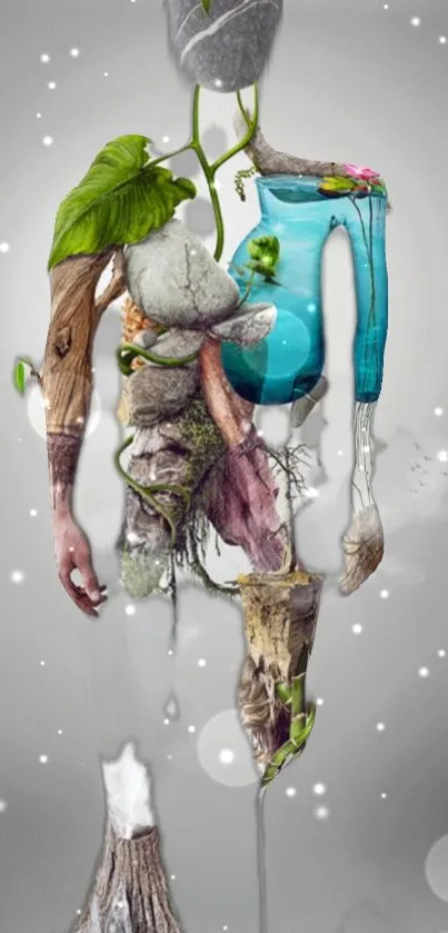 Surreal nature collage wallpaper with abstract forms and earthy tones.