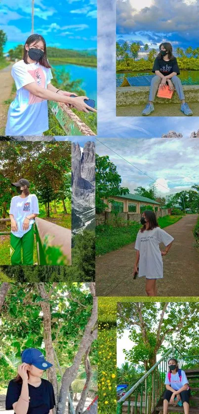 Collage of nature scenes with people in casual outfits.