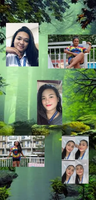 Mobile wallpaper with green forest and personal photos collage.