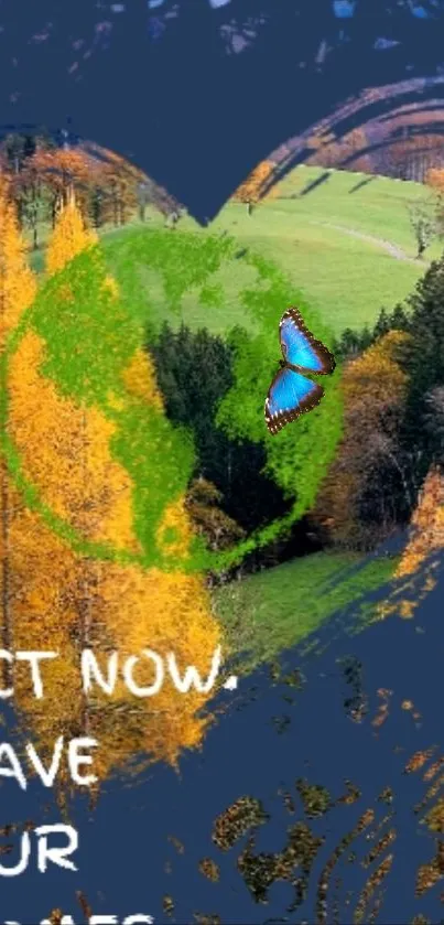 Heart-shaped landscape with autumn trees and a blue butterfly promoting conservation.