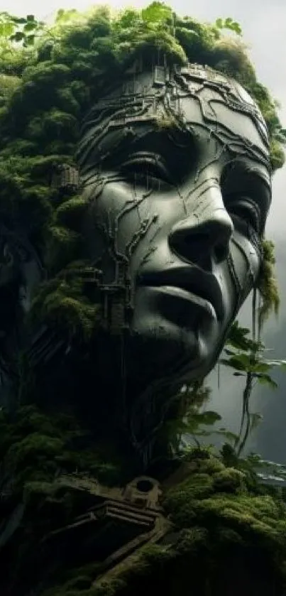 Cybernetic nature sculpture surrounded by lush greenery in a futuristic setting.