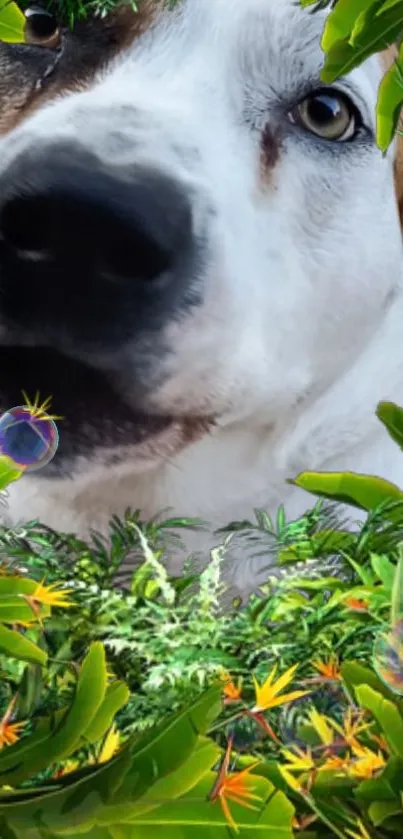 Dog's face amid lush green foliage and bubbles, vibrant phone wallpaper.