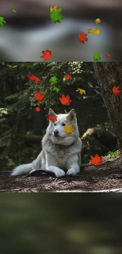 Dog in forest with colorful autumn leaves.