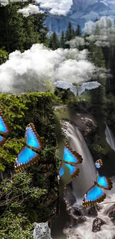 Vibrant nature wallpaper with butterflies and waterfall in a lush green forest.