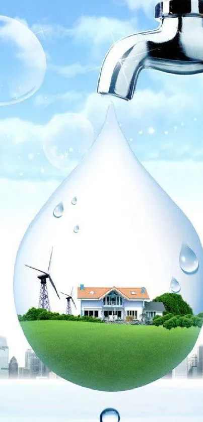 Water droplet with house and wind turbines.