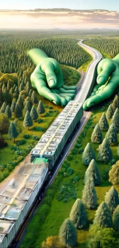 A train travels through a forest cradled by giant green hands.