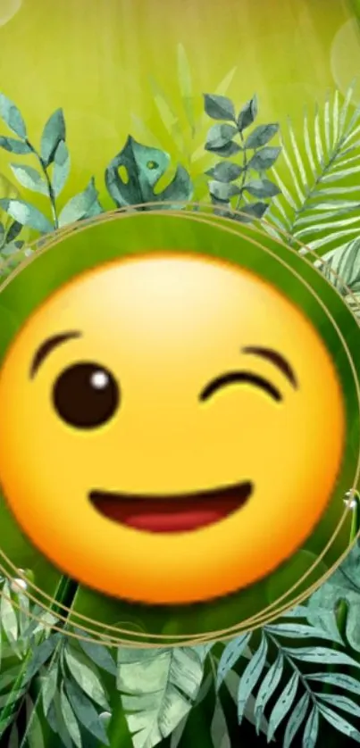 Winking emoji surrounded by green leaves with sunlight in background.