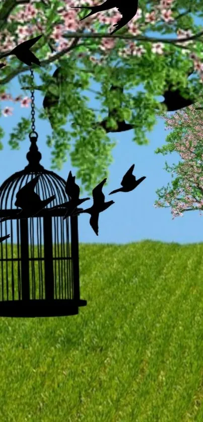 Birdcage with birds flying in a lush, green landscape.