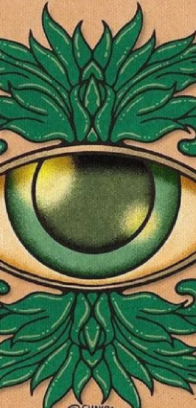 Nature-inspired eye design with green leaves on beige background.