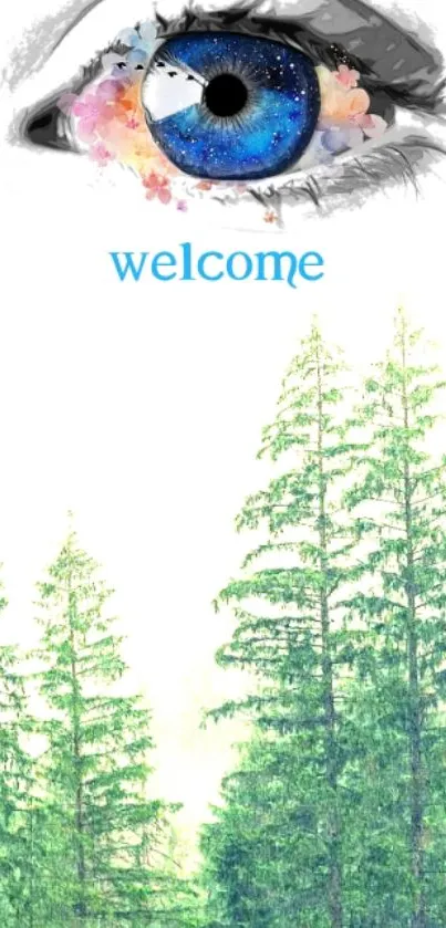 Vibrant blue eye and green trees with 'welcome' text on wallpaper.