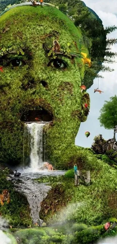 Artistic wallpaper with nature-inspired face and lush greenery.