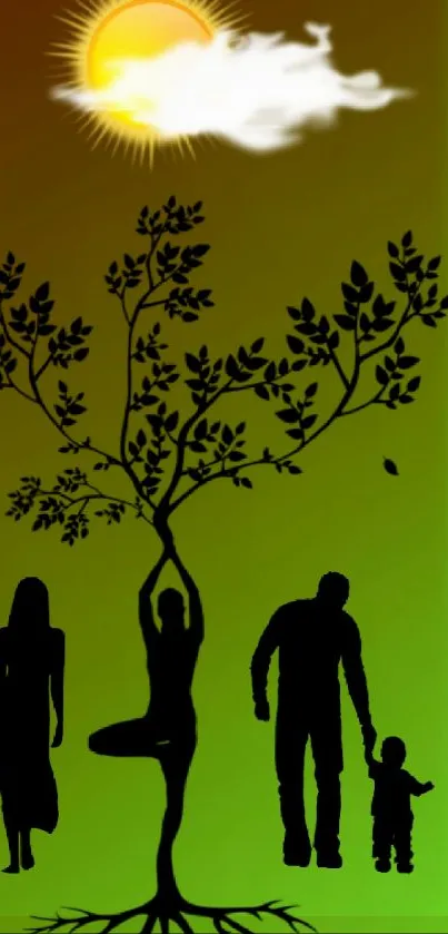 Nature family silhouette at sunset with tree and green gradient.