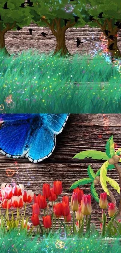 Nature fantasy wallpaper with trees, flowers, and butterfly.