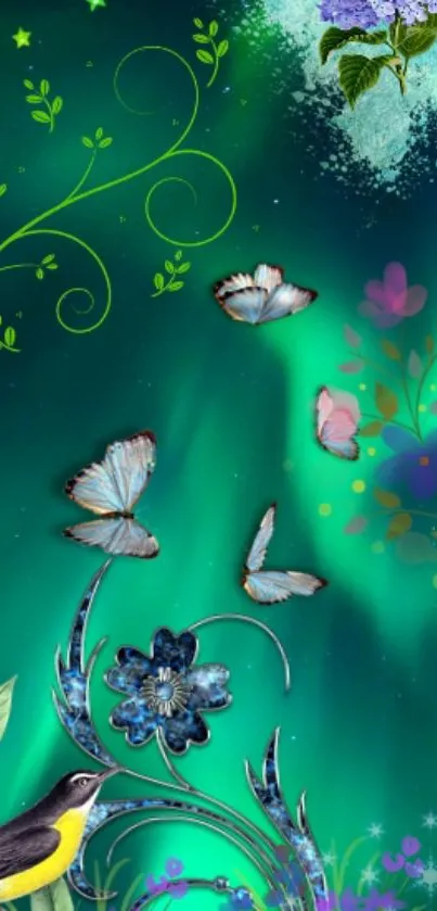 Vibrant green fantasy wallpaper with butterflies and flowers.