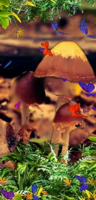 Whimsical forest wallpaper with mushrooms and butterflies.