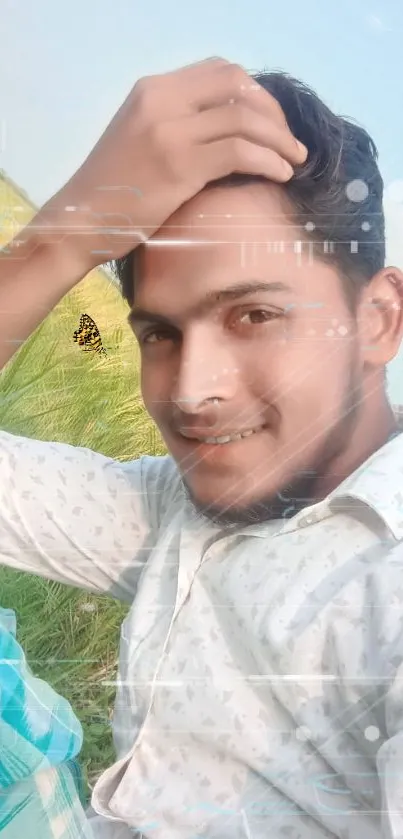 Young man in a field smiling with a butterfly in the background.