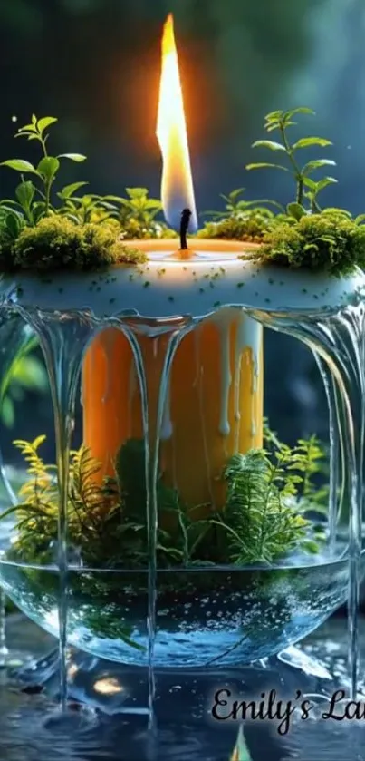 Enchanted candle surrounded by lush green foliage.