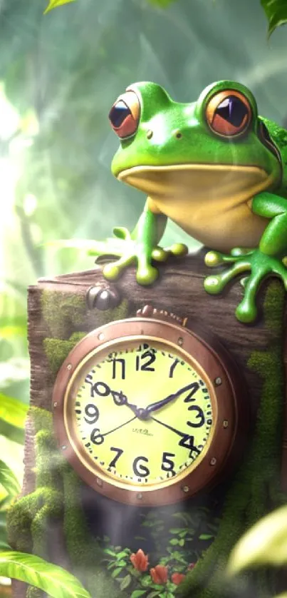 Frog perched on a mossy clock surrounded by lush green forest.