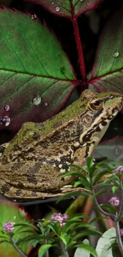 Frog resting on dew-covered green leaves.