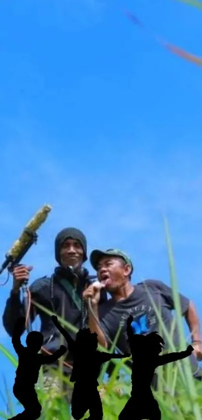 Two friends with lush greenery and blue sky.