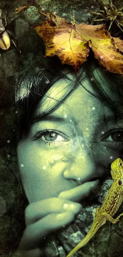 Surreal nature art wallpaper with mysterious woman's face and insects.