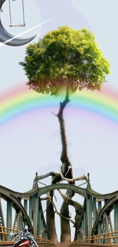 Surreal wallpaper with tree, rainbow, and crescent moon.