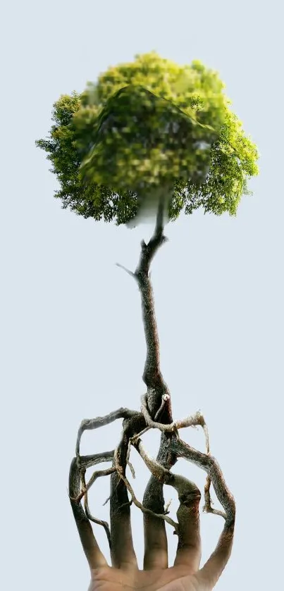 Hand merging with tree against light blue background.