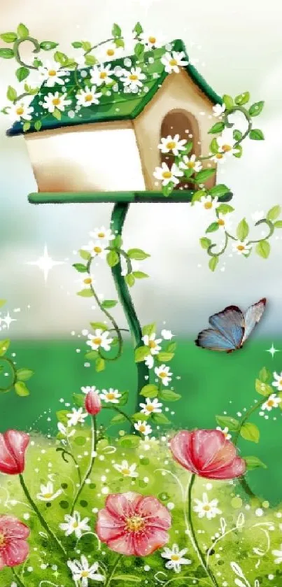 Whimsical garden wallpaper with birdhouse and vibrant flowers.