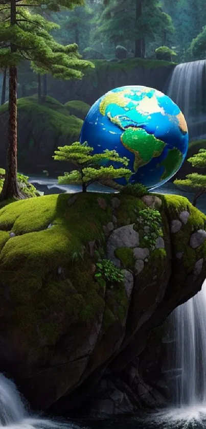 Lush forest with globe on mossy rock by waterfall.