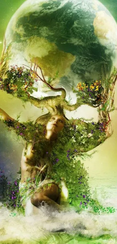 Nature goddess holding Earth with vibrant green background.