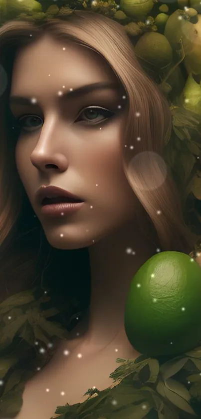 Mystical nature goddess with green headpiece in a forest setting.