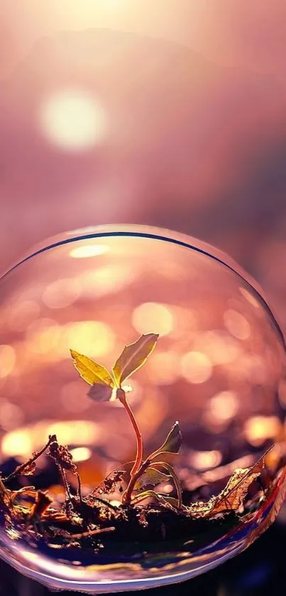 Budding plant inside glass sphere with pinkish-purple glow.