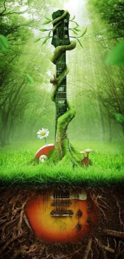 Guitar intertwined with nature in a lush green forest scene.