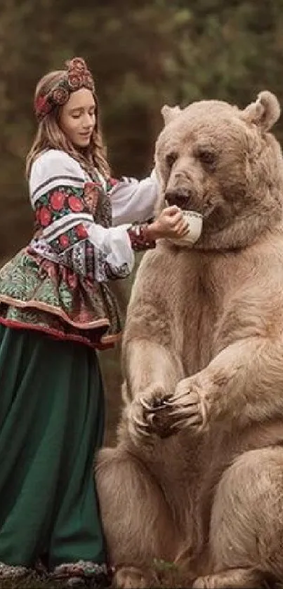 Woman in traditional clothes with bear in lush forest setting.