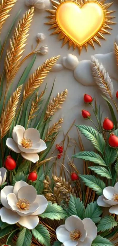 Golden heart and flowers mobile wallpaper with wheat and vibrant nature design.