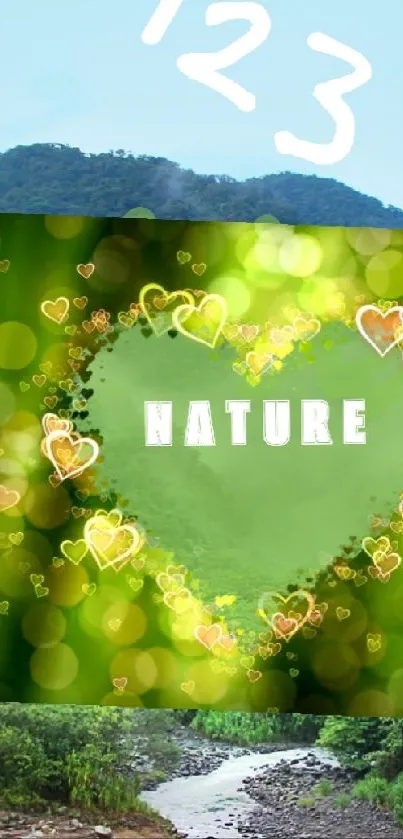 Green nature wallpaper with heart shape and forest background.