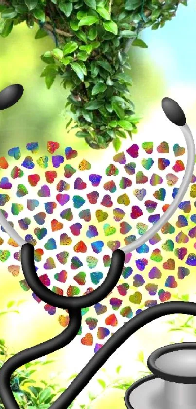 Colorful heart-shaped leaves with stethoscope on green background.