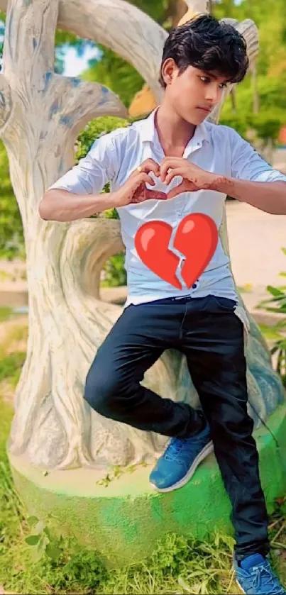 Young person in garden making heart gesture.