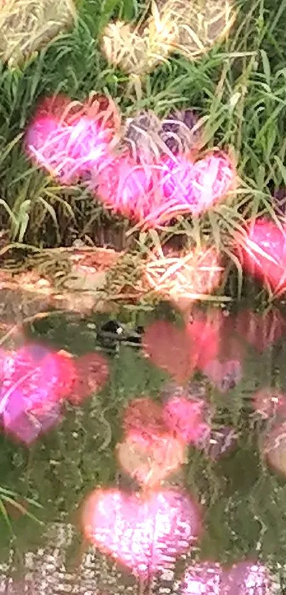 Pink heart-shaped lights over a serene nature scene.