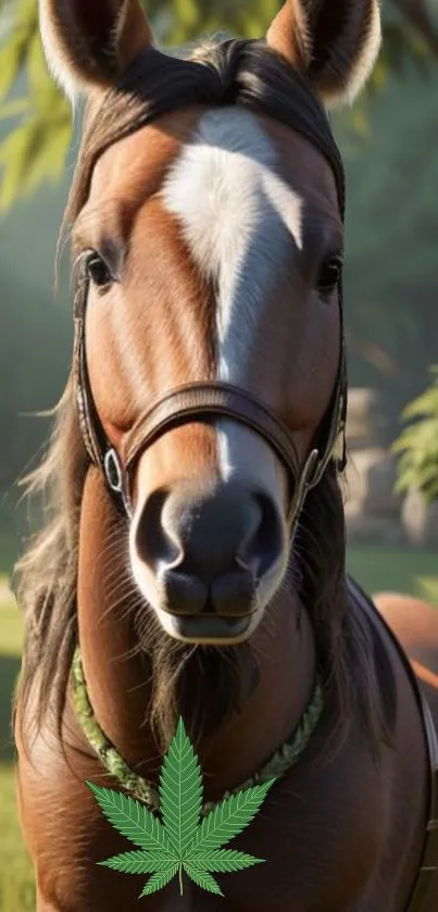 A horse in nature with a leaf on its neck, creating a peaceful scene.